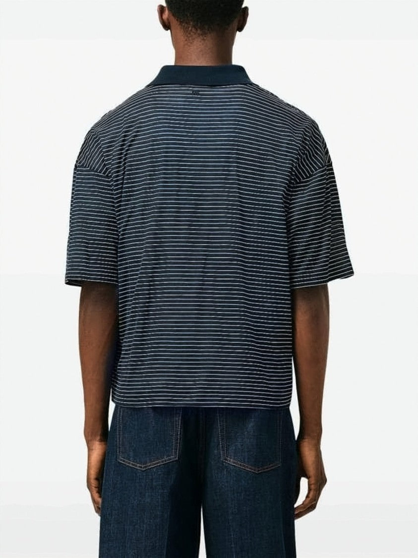 Ami Paris Cropped Navy Blue Striped Polo Shirt With Heart Logo