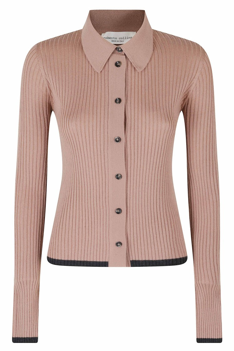 Roberto Collina Anthracite Pink Ribbed Merino Wool Cardigan