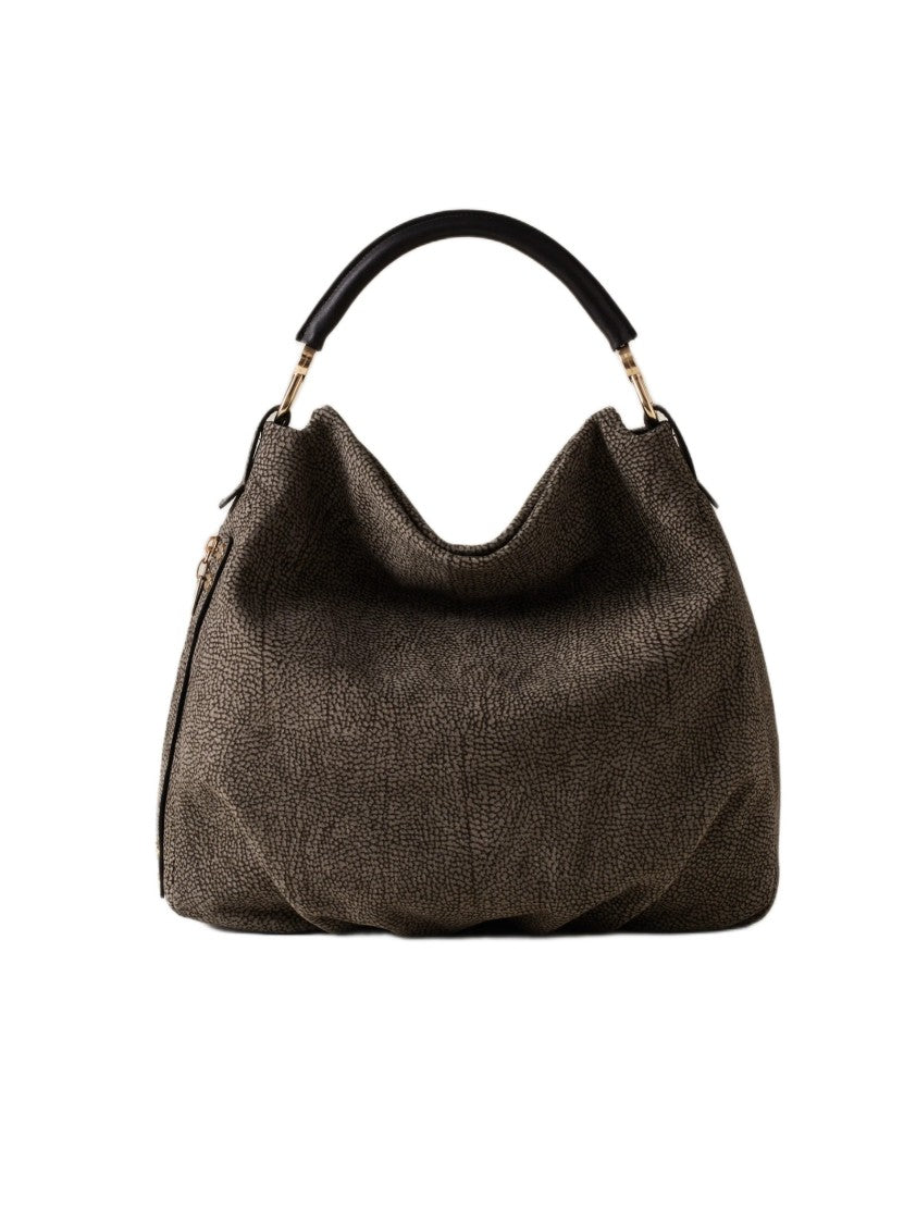 Borbonese Textured Brown Handbag With Contrasting Handle And Gold-Tone Accents