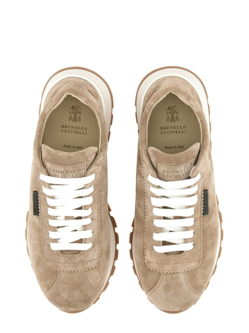 Brunello Cucinelli Suede Sneakers With Metallic Tab And Gum Sole