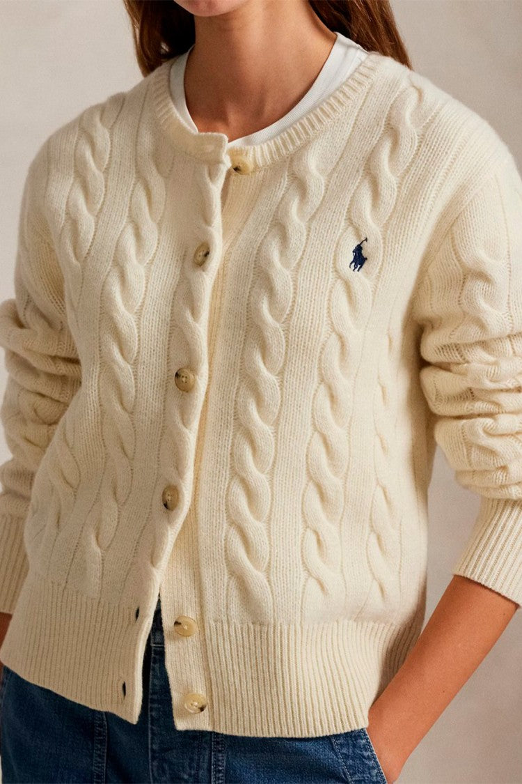 Polo Ralph Lauren Cream Wool-Cashmere Blend Cable-Knit Cardigan