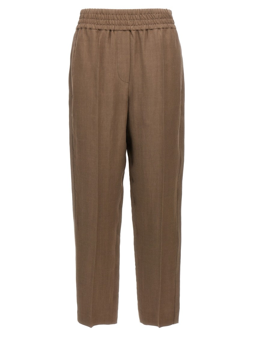 Brunello Cucinelli Brown Linen Blend Trousers With Elastic Waistband