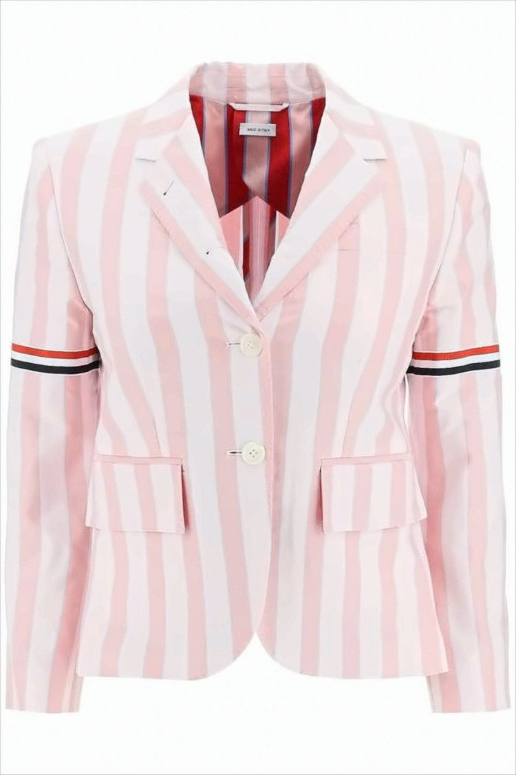 Thom Browne Cropped Pink Striped Tailored Jacket With Tricolor Accents