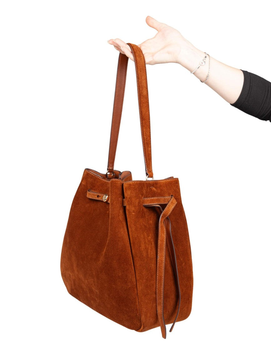 Tory Burch Romy Large Suede Bucket Bag, Caramel Color