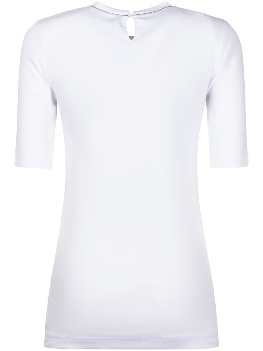 Brunello Cucinelli Fitted White T-Shirt With Contrast Piping And Keyhole Closure