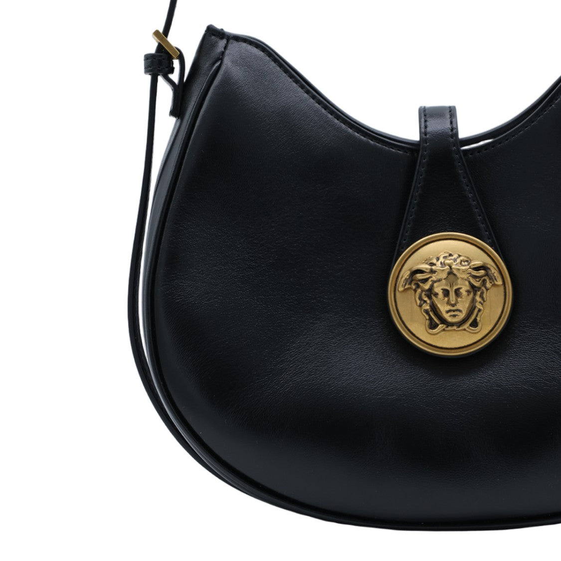 Versace Crescent-Shaped Black Leather Bag With Gold Medallion