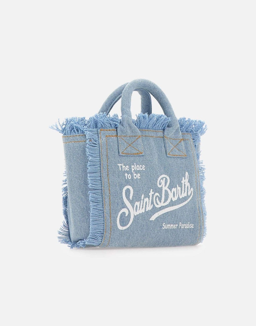 Mc2 Saint Barth Light Blue Denim Tote Bag With Frayed Edges