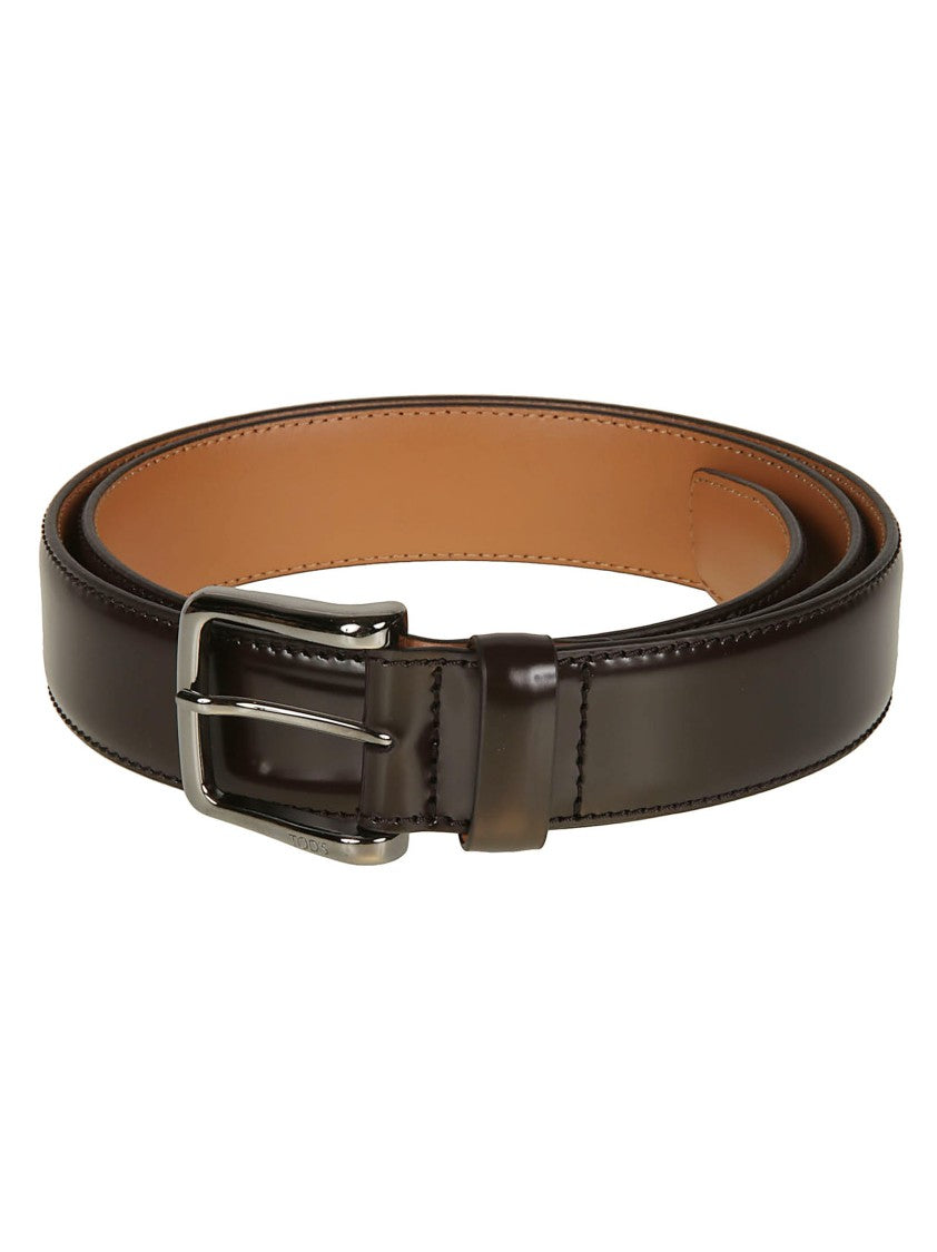 Tod's Polished Dark Brown Calf Leather Belt With Silver Buckle