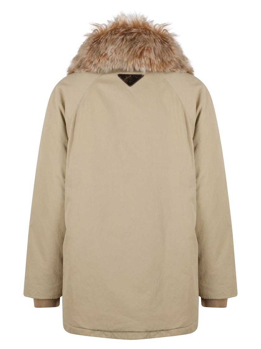 Prada Short Beige Coat With Plush Fur Collar