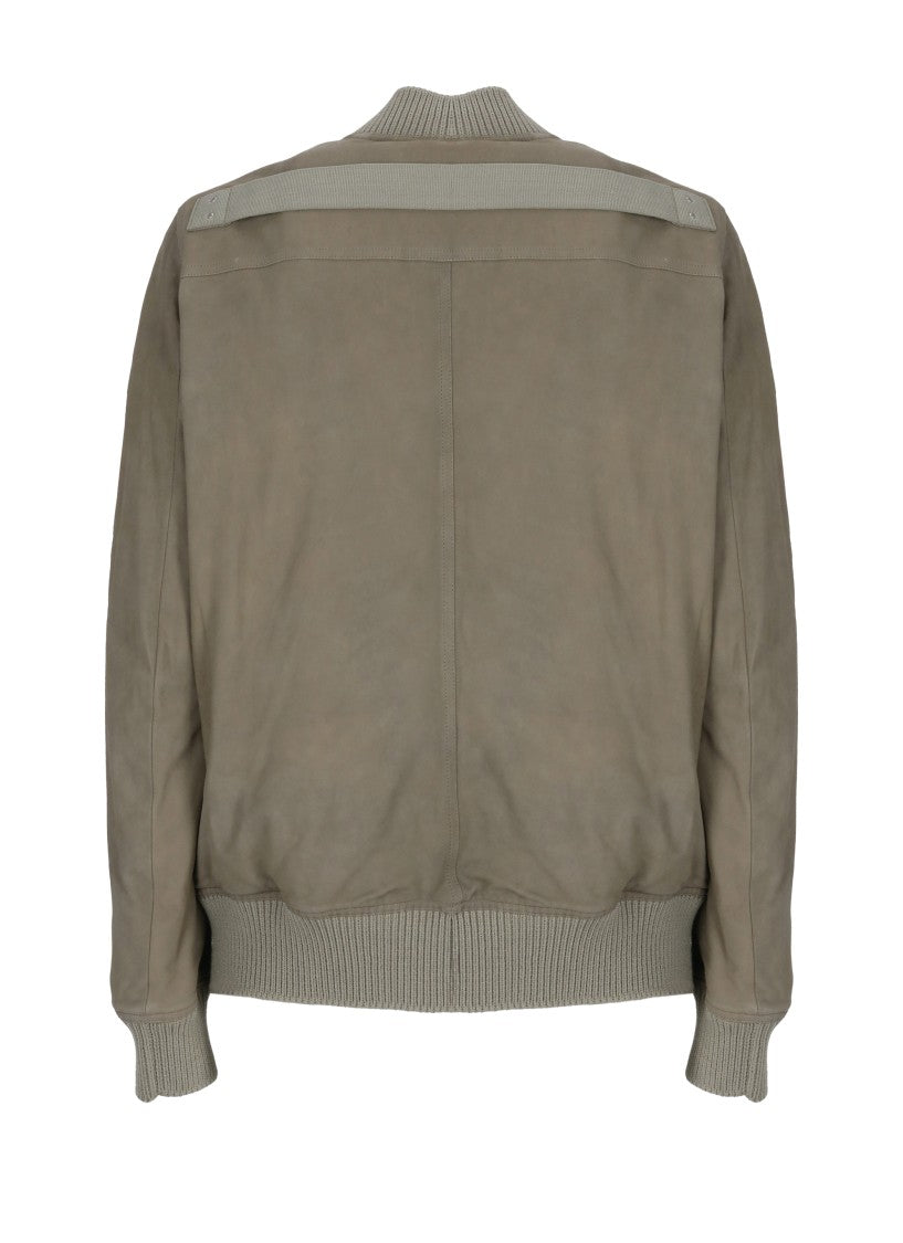 Rick Owens Grey Leather Bomber Jacket With Choker Collar And Ribbed Details