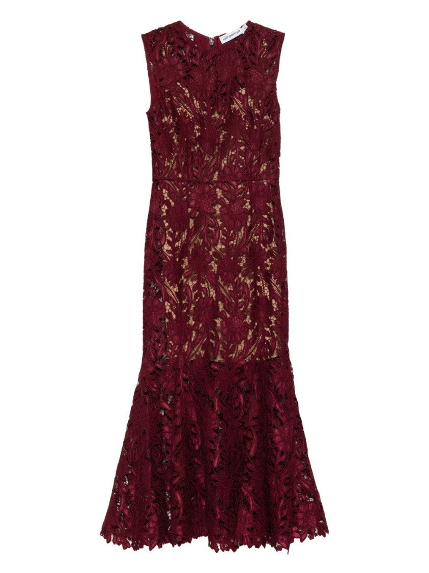 Self-Portrait Floral Lace Overlay Midi Dress With Fitted Bodice