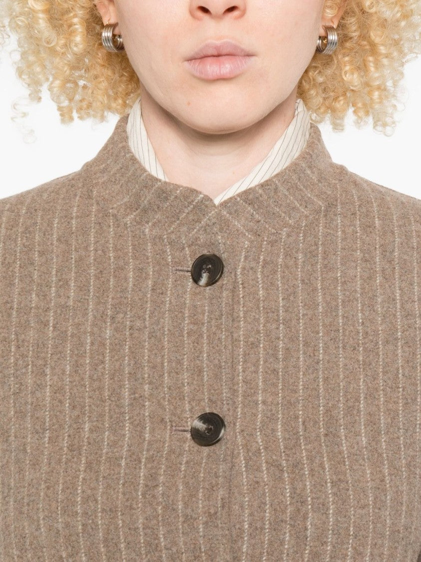 Yerse Cropped Brown Coat With Subtle Pinstripe Pattern