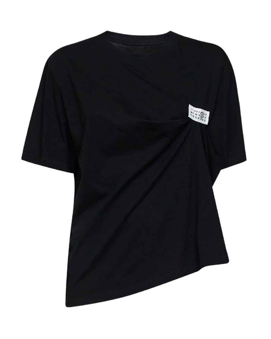 Mm6 By Maison Margiela Asymmetrical Draped Black T-Shirt With Logo Patch