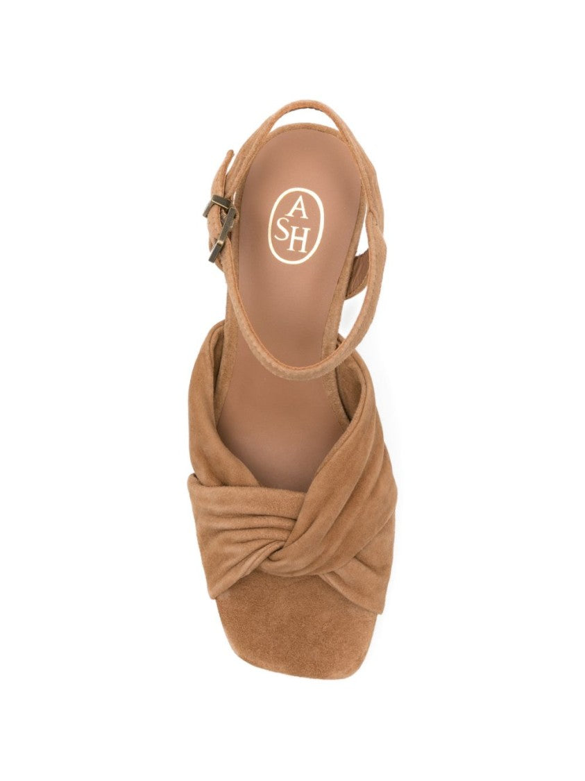 Ash Brown Platform Sandals With Knotted Front Strap And High Block Heel