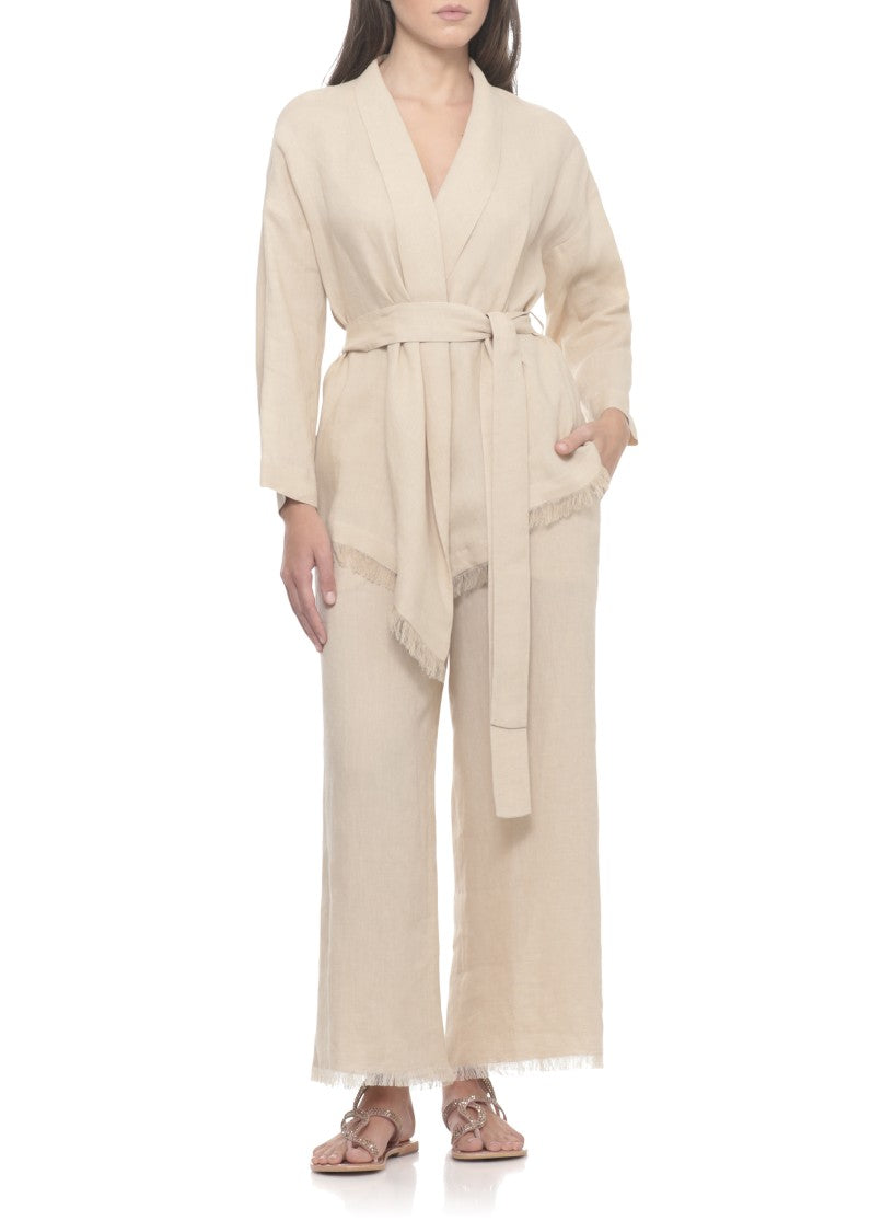 Antonelli Firenze Beige Katia Fringed Waist Belt Blazer