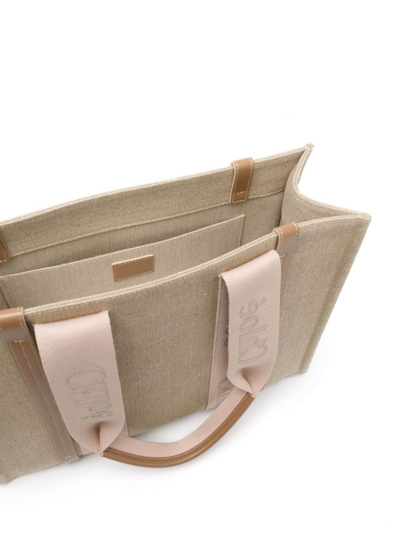 Chloé Textured Linen Tote Bag With Contrasting Handles
