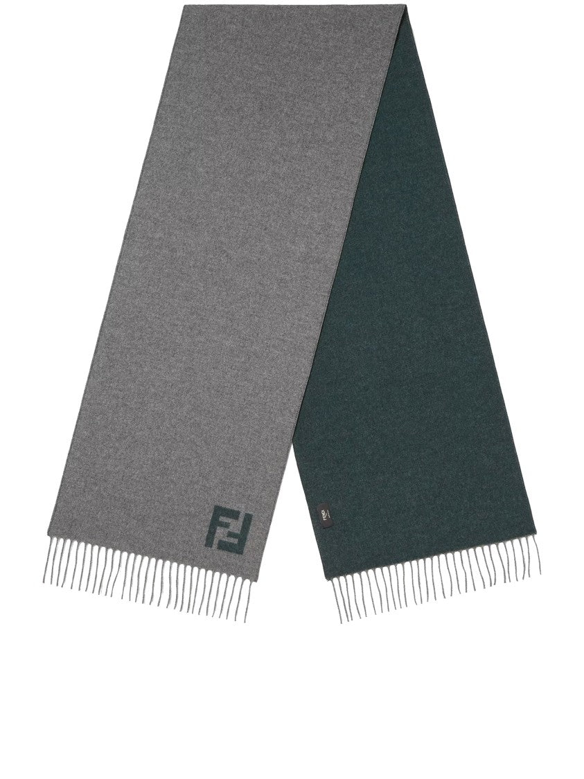 Fendi Ff Double-Sided Grey Green Fringed Scarf