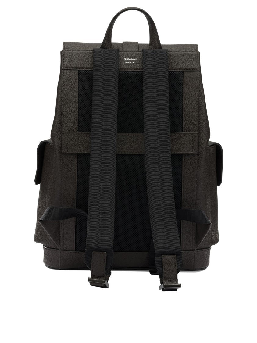 Ferragamo Double Pocket Leather Backpack With Flap Top