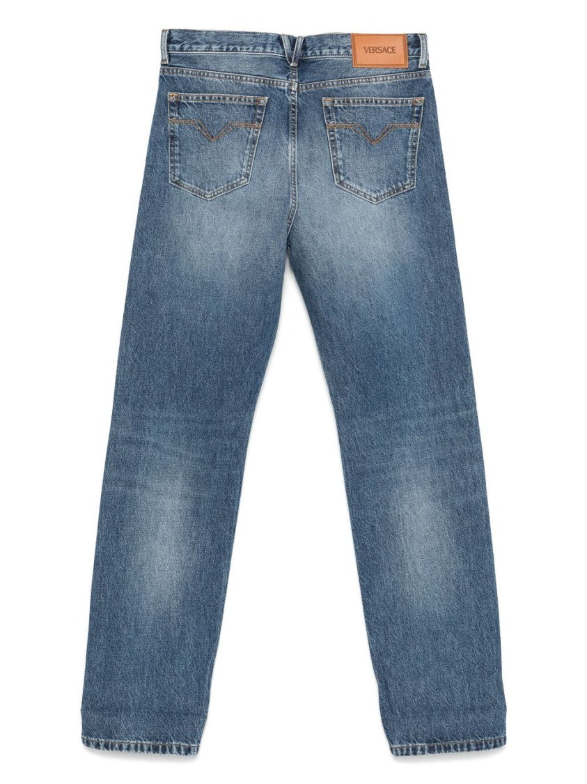 Versace Faded Blue Straight-Leg Jeans With Branded Leather Patch