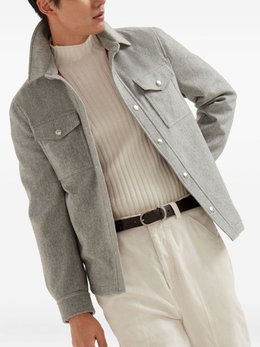 Brunello Cucinelli Grey Cashmere Point Collar Shirt Jacket