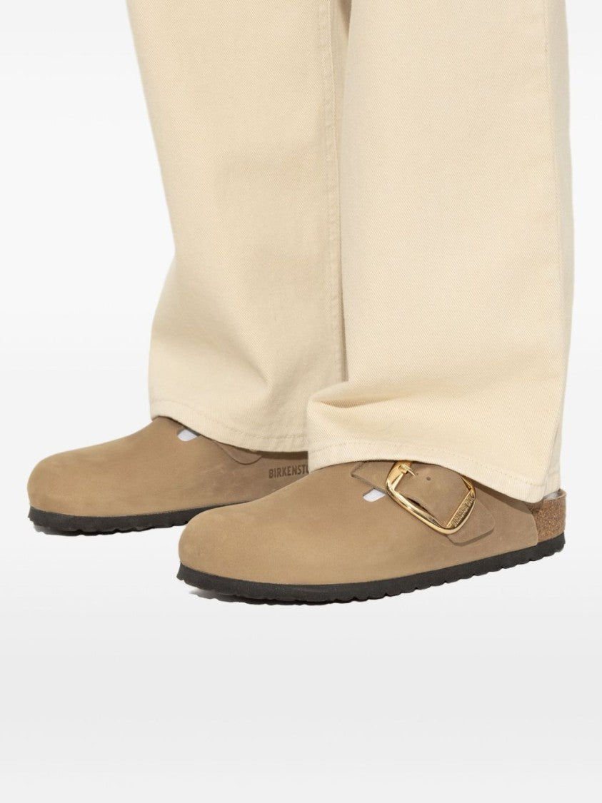 Birkenstock Contoured Brown Slip-On Sandals With Gold-Tone Buckle