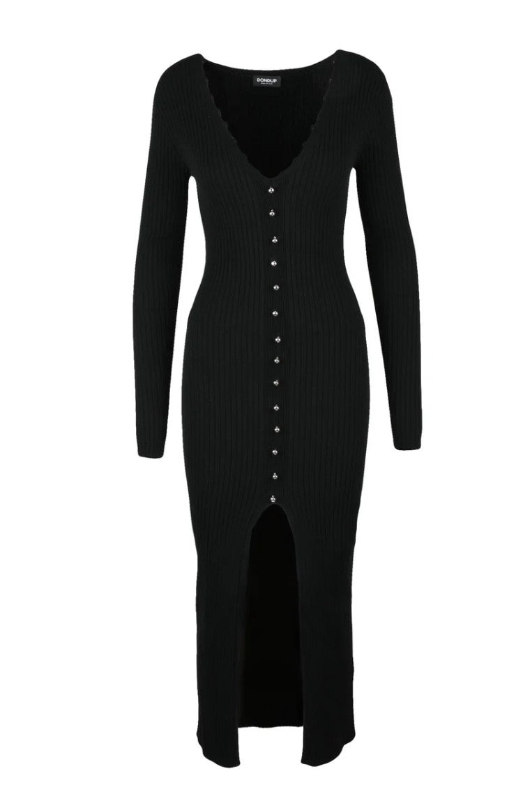 Dondup Long Ribbed Dress Buttons - Black