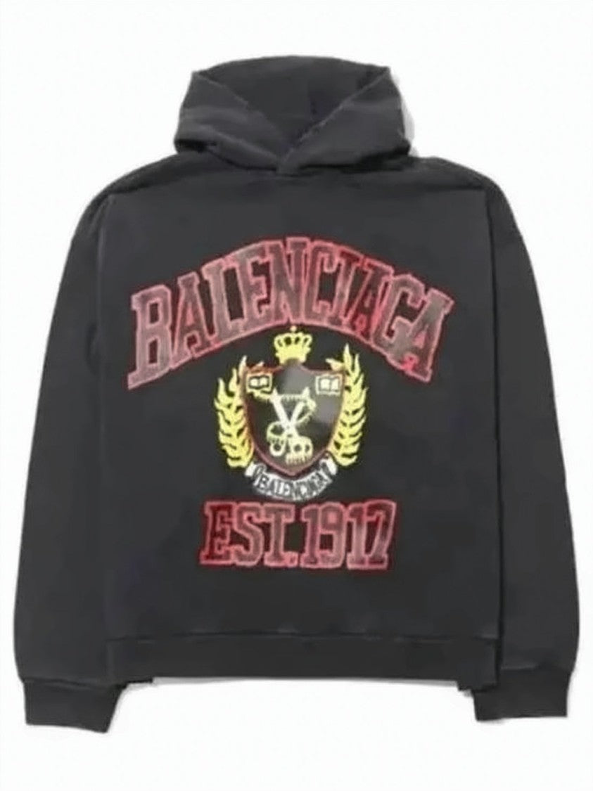 Balenciaga Cropped Black Hoodie With Embroidered Crest
