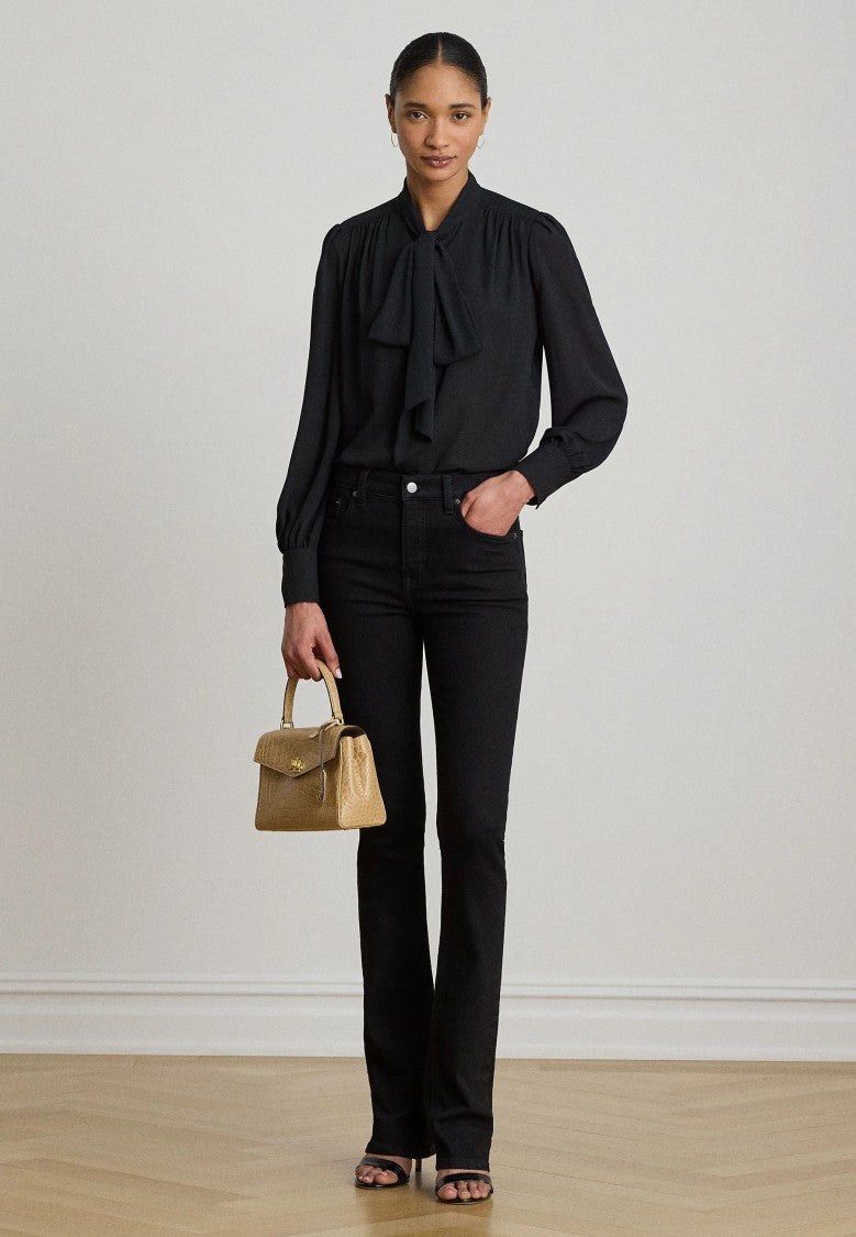 Lauren Ralph Lauren Black Bow-Tie Neckline Voluminous-Sleeve Blouse