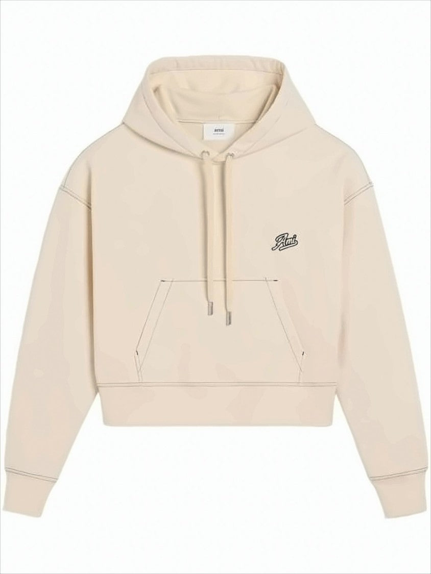 Ami Paris Cropped Hoodie With Drawstring And Embroidered Logo Detail