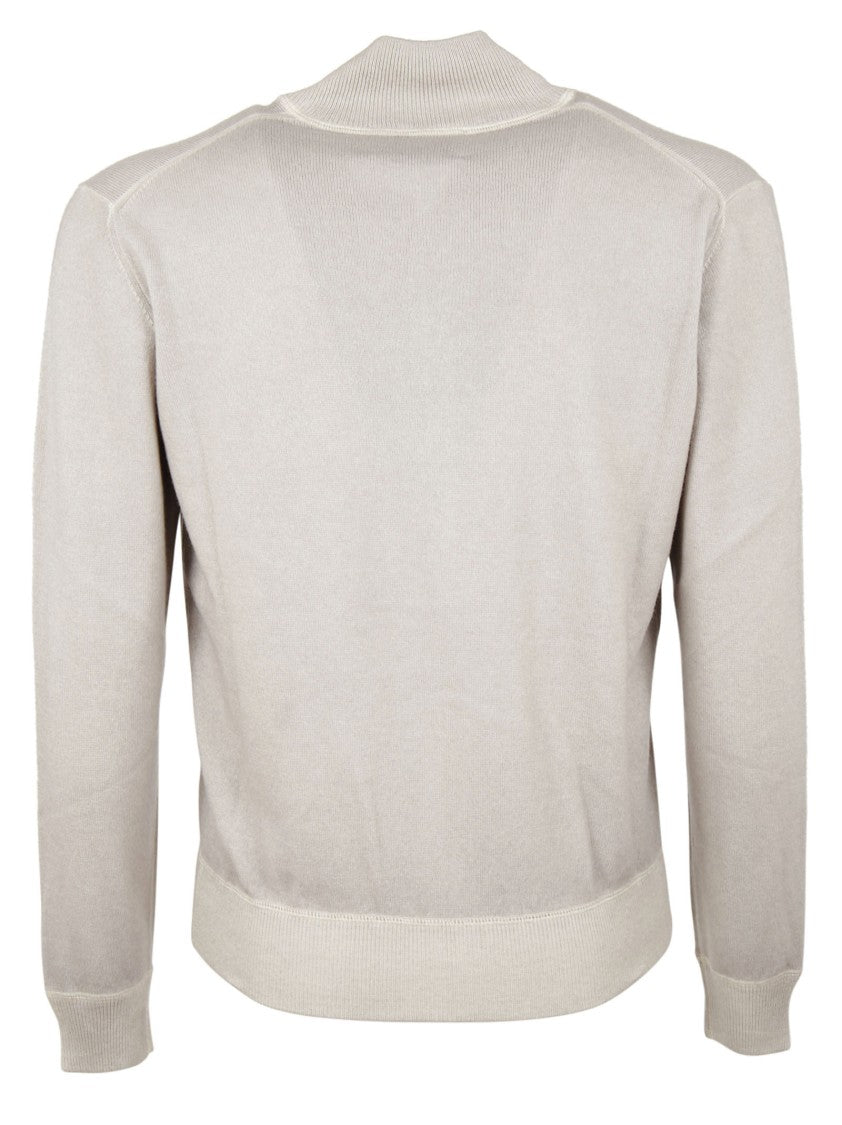 Doriani Beige Zip-Through Sweater With Ribbed Stand Collar