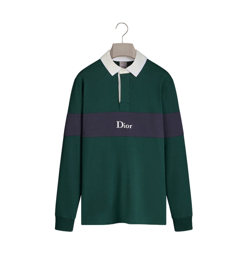 Christian Dior Deep Green Cotton Navy Stripe Polo Shirt