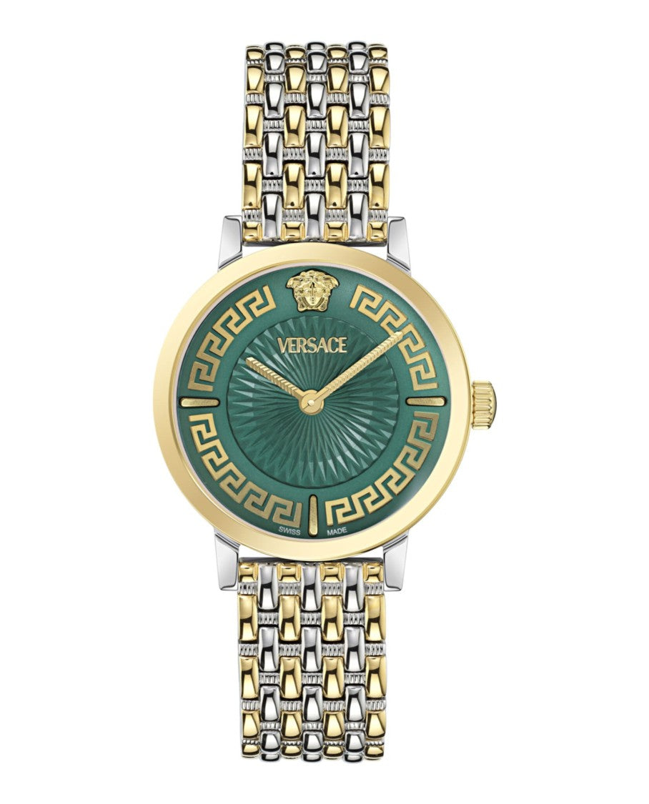 Versace Greca Fortuna Bracelet Watch With Green Guilloche Dial And Gold-Tone Accents