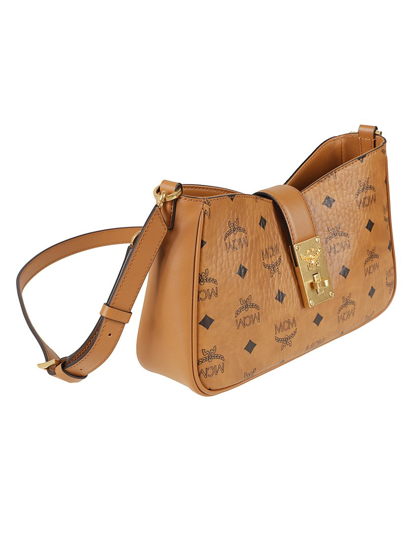 Mcm Rectangular Shoulder Bag With Logo Pattern And Gold Clasp