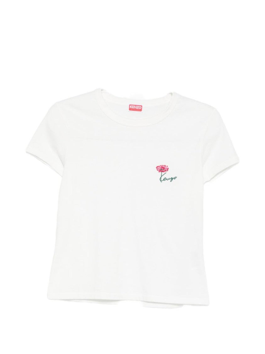 Kenzo White Flower Embroidery Logo Crew Neck Top