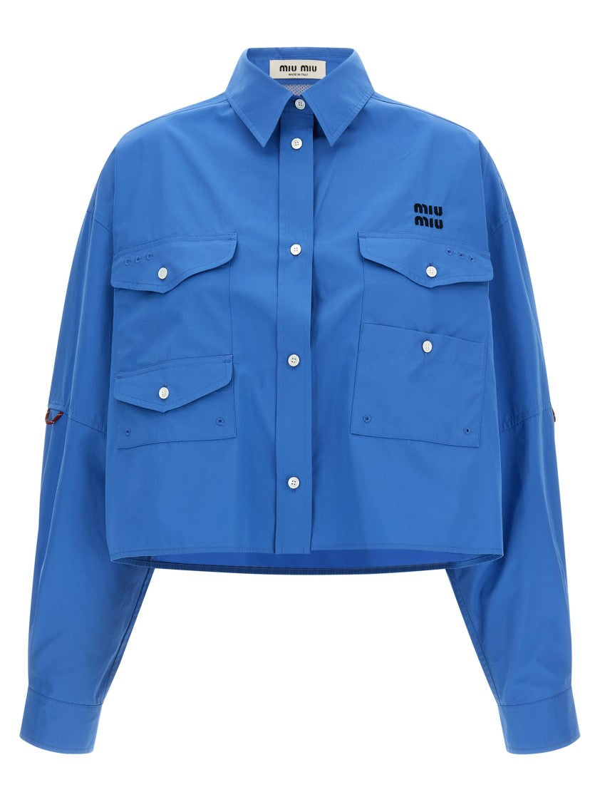 Miu Miu Cropped Cotton Poplin Overshirt With Mesh Insert And Logo Detail