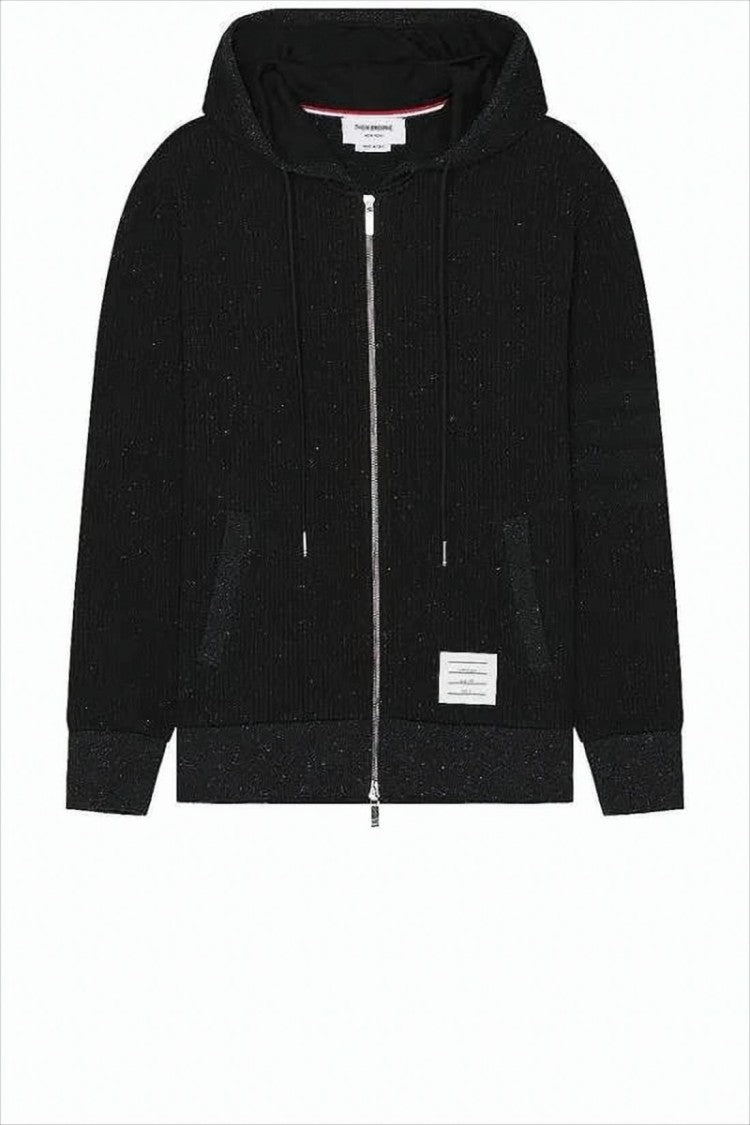 Thom Browne Ribbed Black Zip-Up Hoodie With Multicolored Speckles
