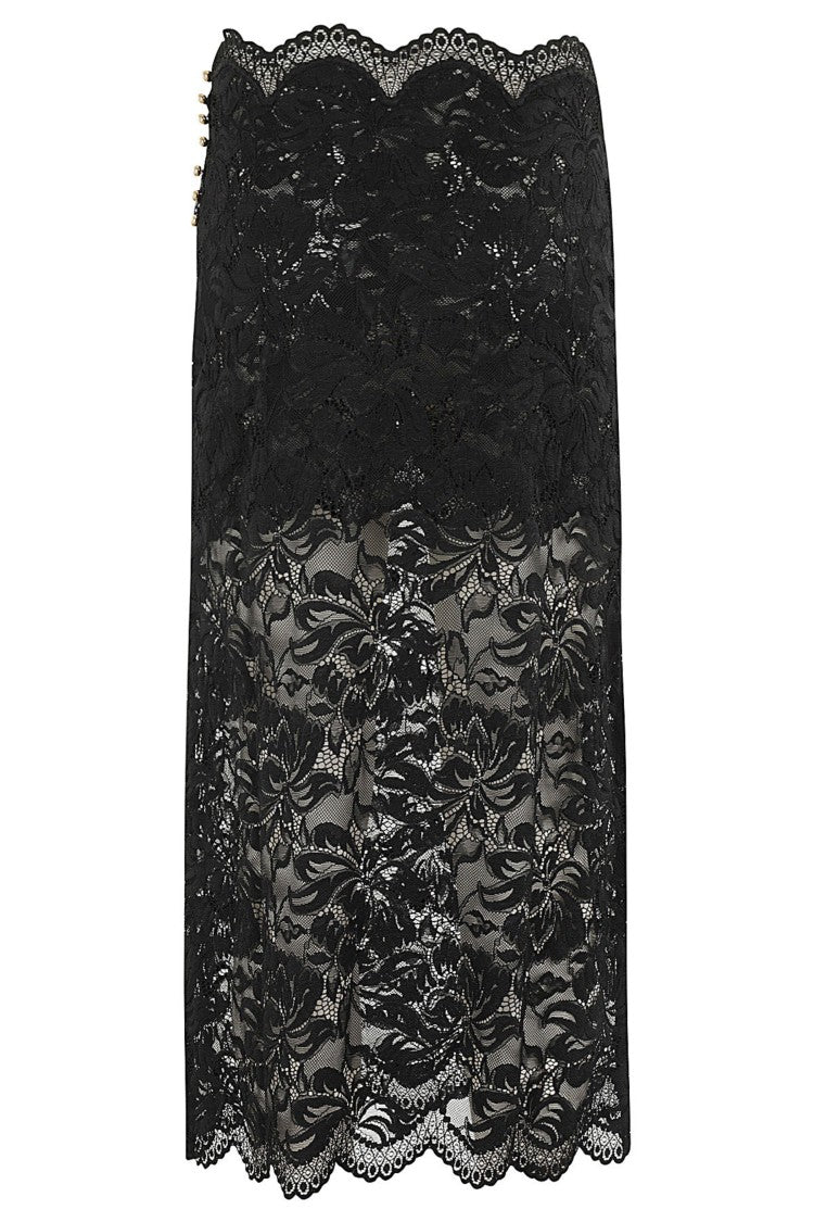 Rabanne Black Lace Trim Side Buttons Transparent Polyamide Midi Skirt