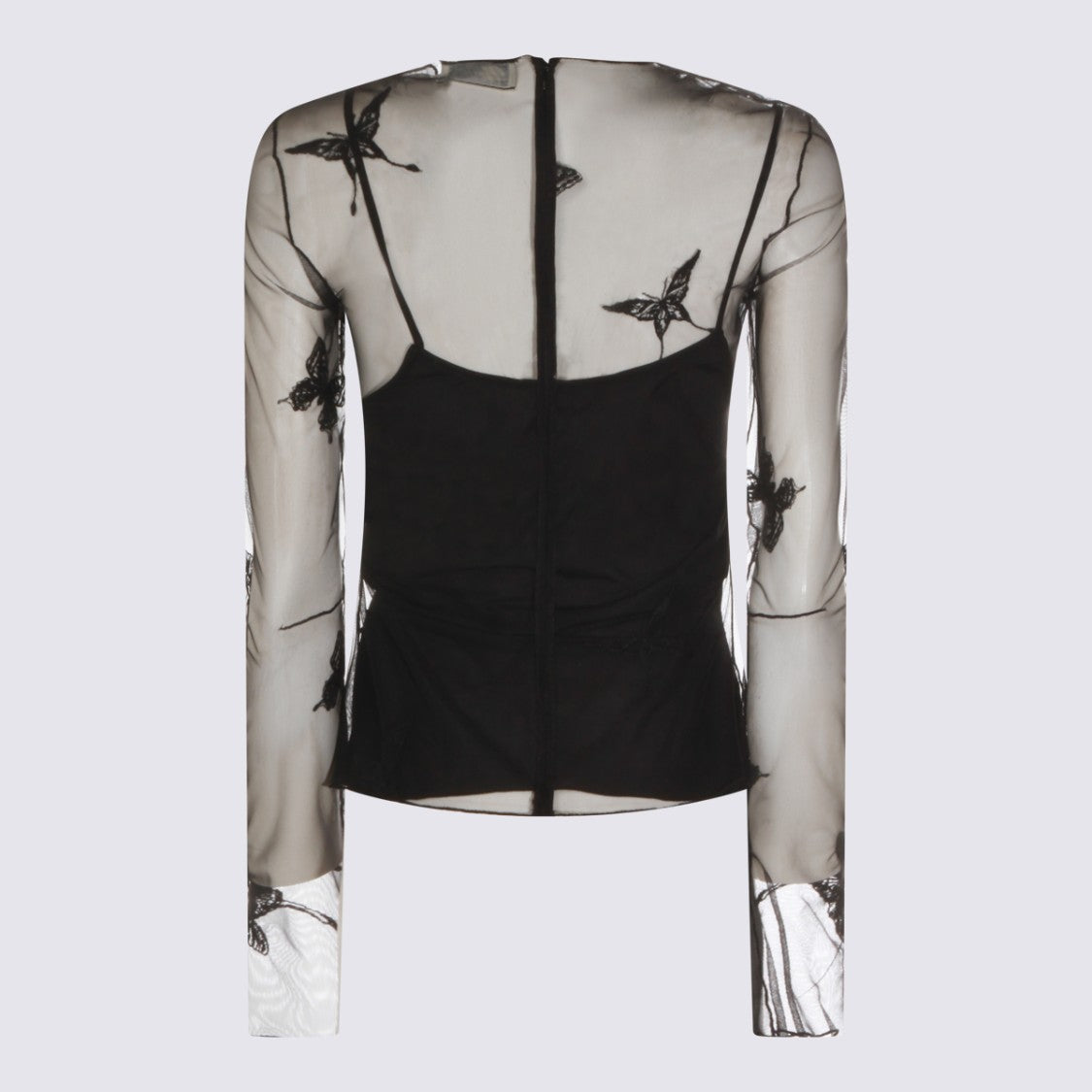 Blumarine Sheer Long-Sleeve Top With Butterfly Embroidery And Camisole Layer