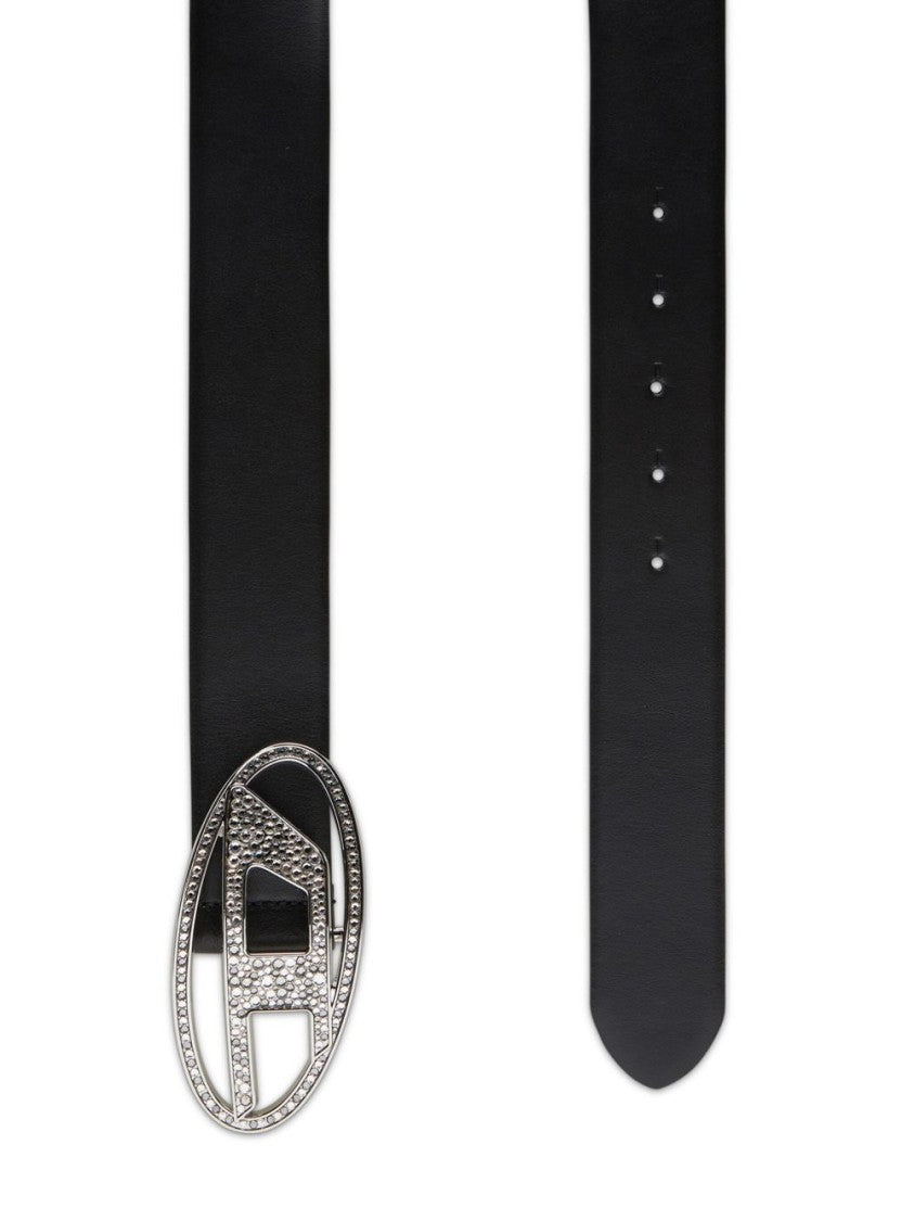 Diesel Oval Buckle Black Strap Belt With Sparkling Embellishments