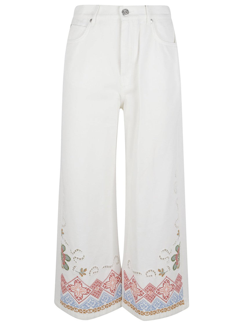 Max Mara Five-Pocket Cropped Wide-Leg Trousers With Embroidered Hem