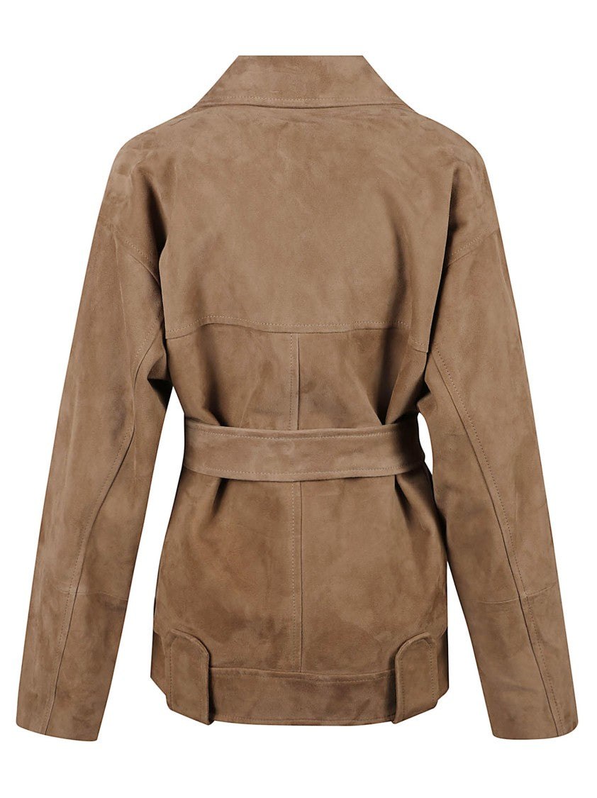 Khaite Brown Suede Jacket With Belted Waist And Cropped Silhouette