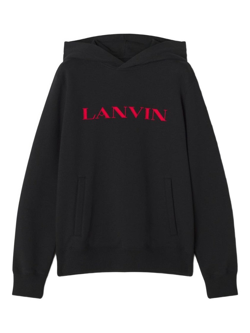 Lanvin Black Ribbed Trim Cotton Crew Neck Hoodies