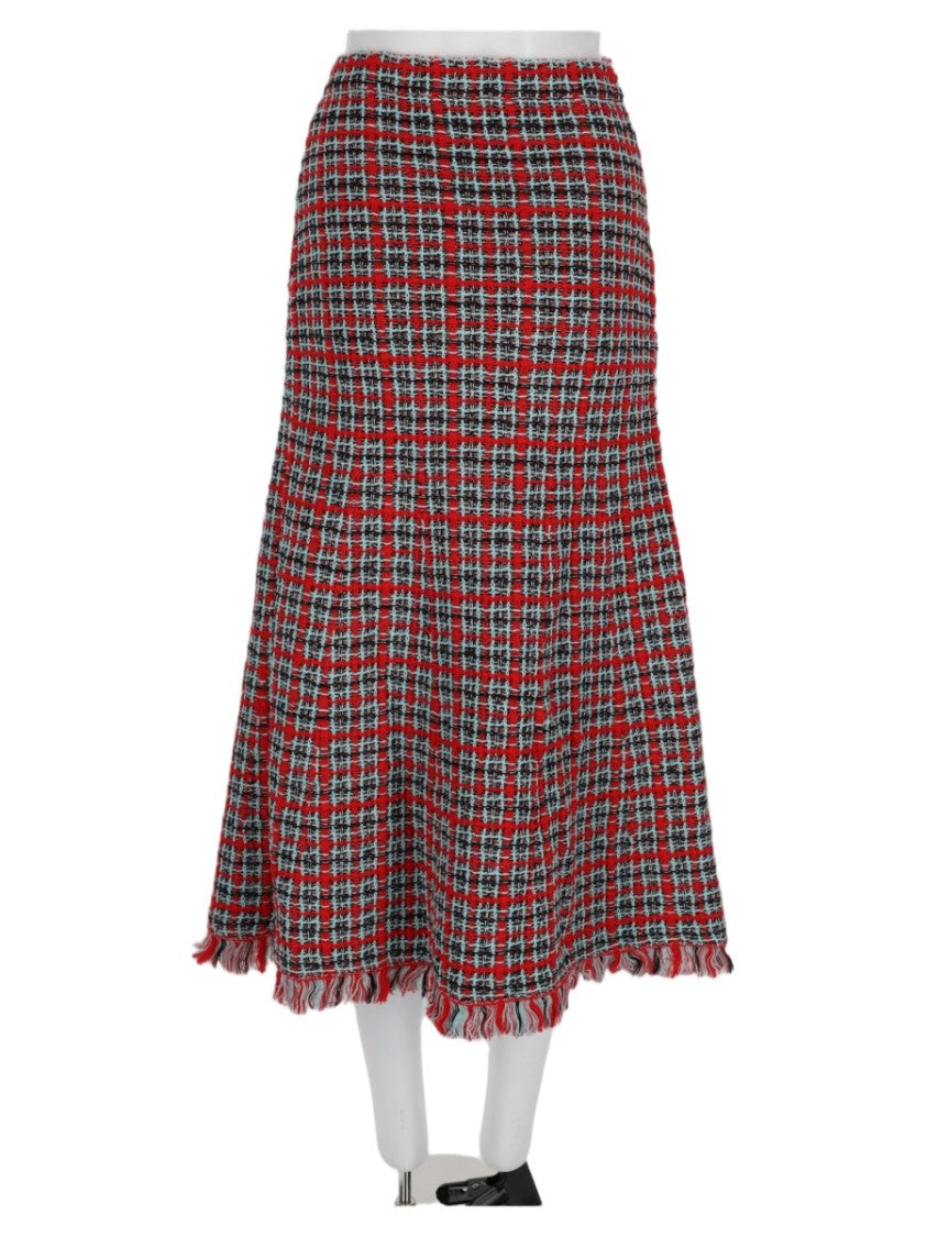 Self-Portrait Red Plaid Fringed Hem Flap-Pocket Cotton-Blend Skirt