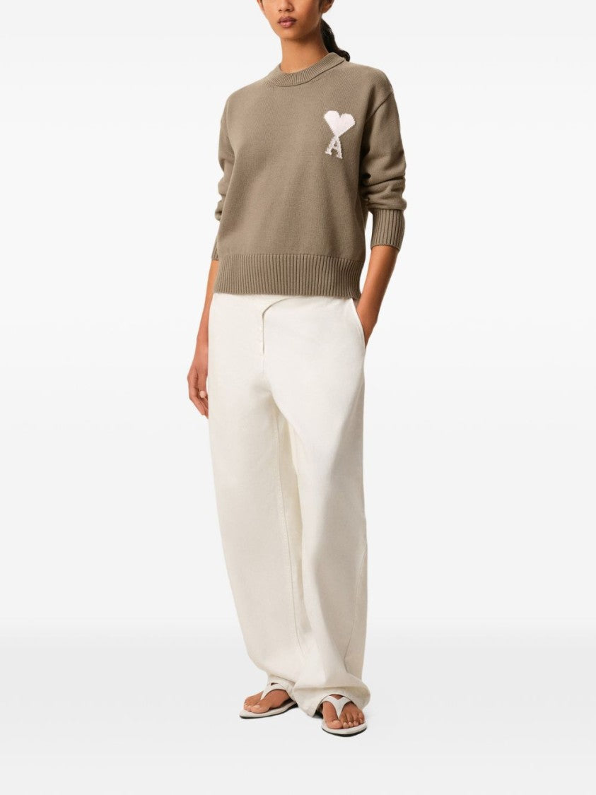 Ami Paris Beige Knitted Intarsia Wool Sweater