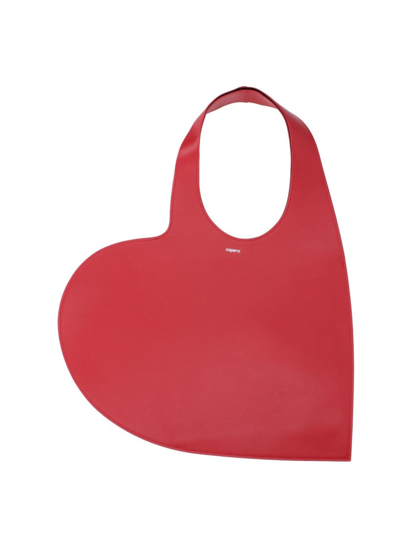 Coperni Heart-Shaped Red Leather Tote With Silver Logo Print