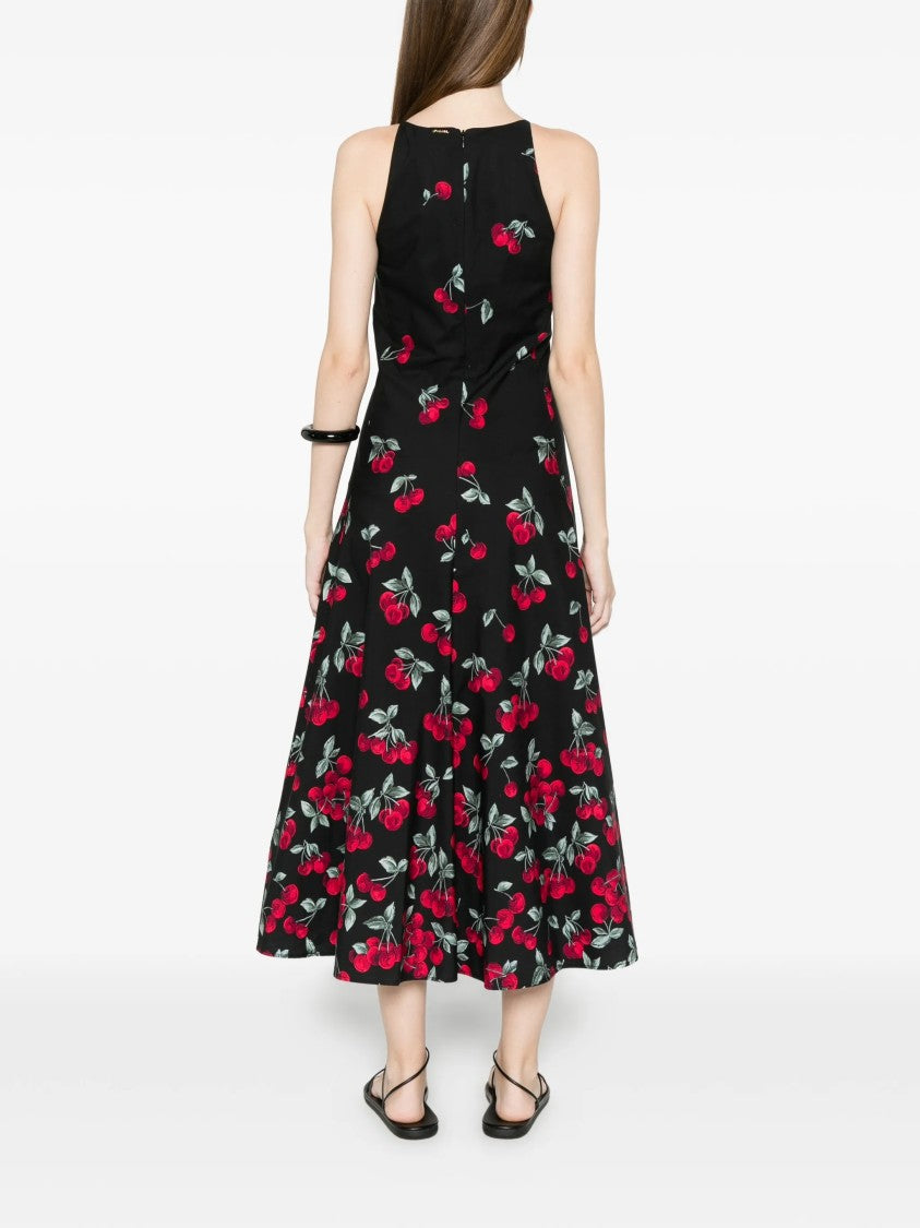 Twin-Set Black Fitted Midi Cherry Print Dress