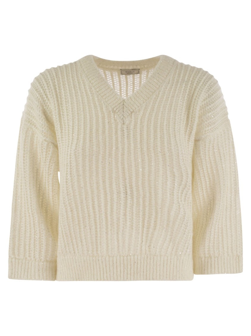 Peserico Tricot Sweater With Micro Sequins And V-Neckline