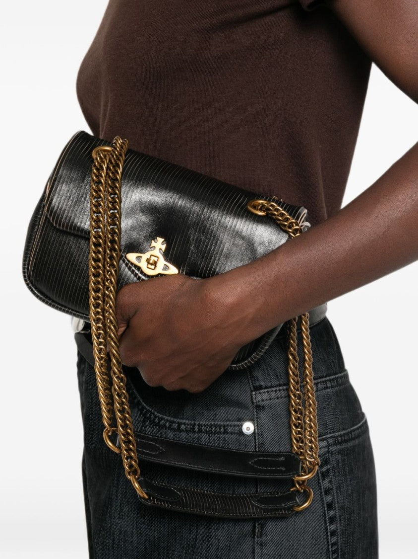 Vivienne Westwood Rectangular Black Flap Bag With Gold Emblem And Chain Straps