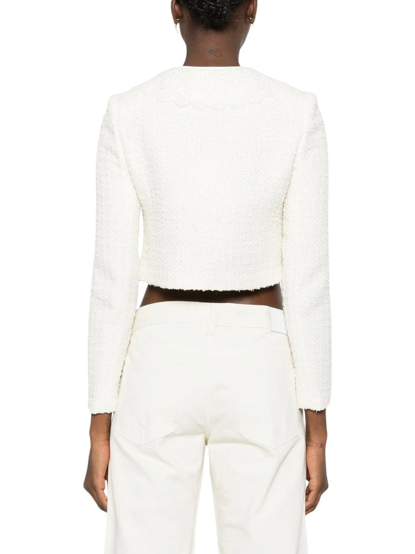 Self-Portrait White Boucle Cropped Textured Blazer