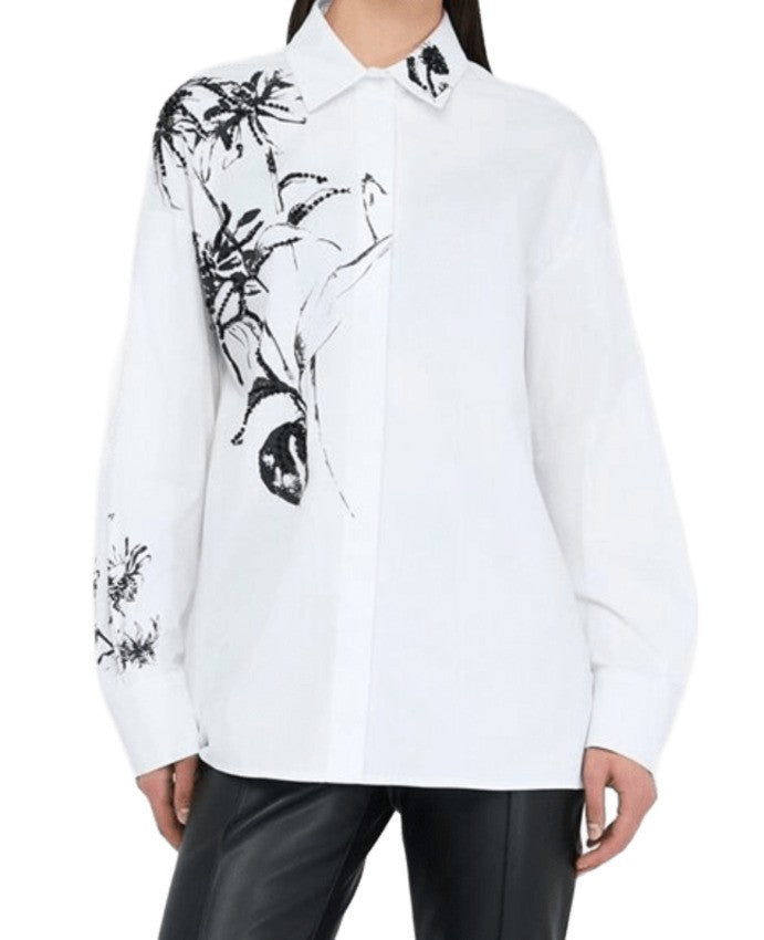 Liu Jo White Cotton Poplin Shirt With Black Floral Print And Rhinestone Details